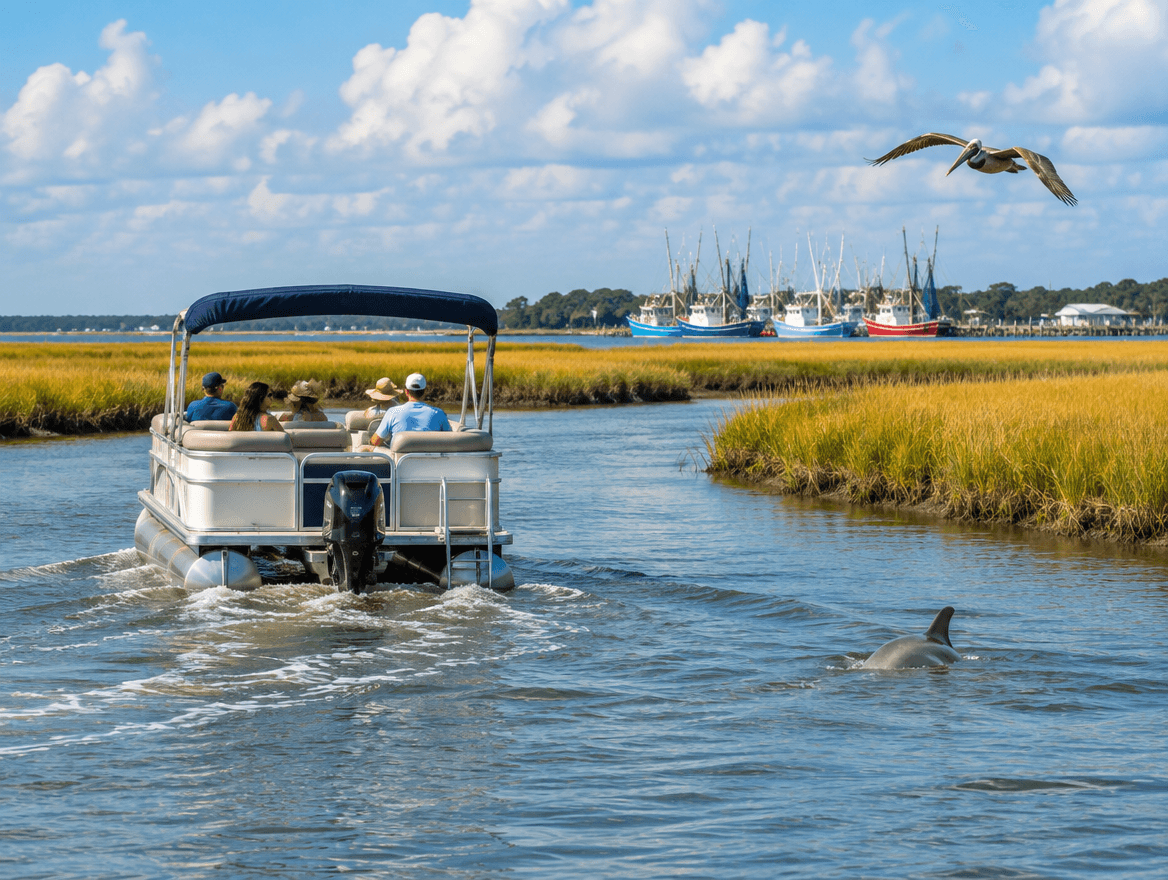 Small pontoon boat winding through a Lowcountry marsh creek with a dolphin nearby