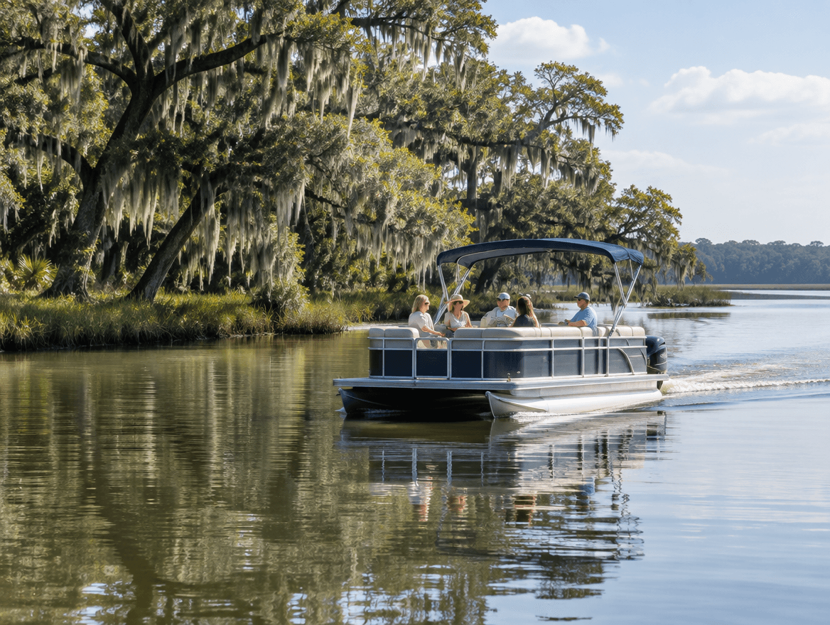 Pontoon boat on a calm Lowcountry river lined with live oaks and Spanish moss